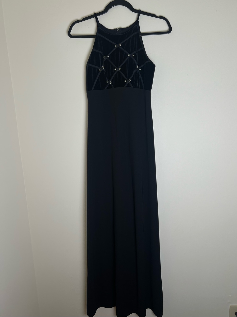 Betsy & Adam Black Velvet Halter Prom Dress with Rosette Lattice